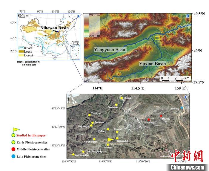 泥河灣盆地麻地溝遺址及相關(guān)重要遺址地理位置圖?！⌒煺?供圖