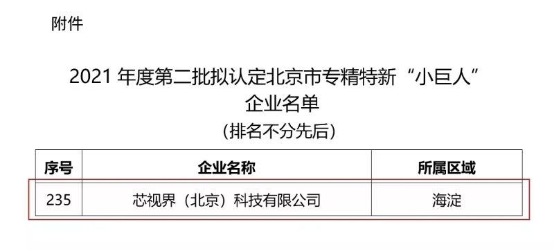 芯視界科技獲評北京市專精特新“小巨人”企業(yè)