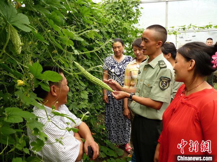 圖為官兵向民眾傳授蔬菜種植技術?！●R軍 攝