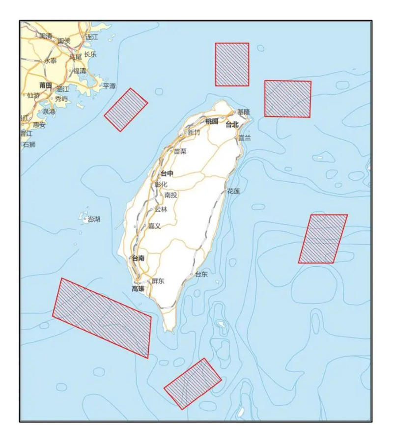 解放軍在臺島周邊的六處?？沼蜻M行重要軍事演訓行動。（圖源：新華社）