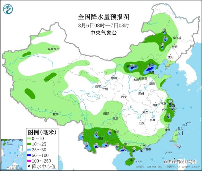 全國降水量預(yù)報(bào)圖(8月6日08時(shí)-7日08時(shí))