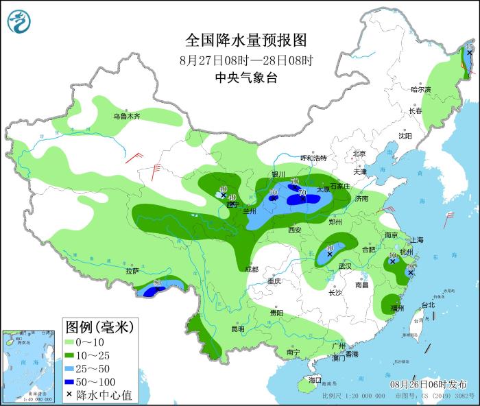 全國降水量預(yù)報圖(8月27日08時-28日08時)