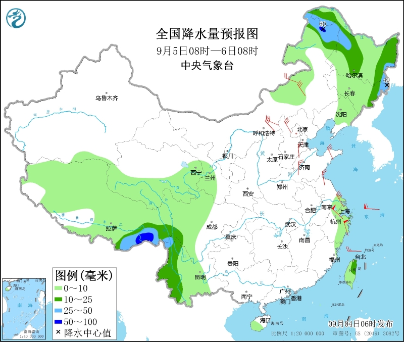 全國(guó)降水量預(yù)報(bào)圖(9月5日08時(shí)-6日08時(shí))