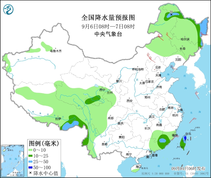 全國(guó)降水量預(yù)報(bào)圖(9月6日08時(shí)-7日08時(shí))