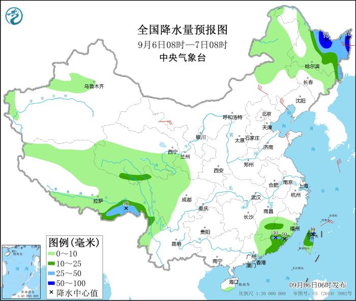 圖1 全國降水量預(yù)報(bào)圖(9月6日08時(shí)-7日08時(shí))