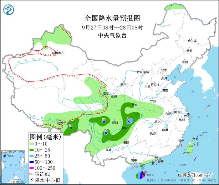 全國降水量預(yù)報圖(9月27日08時-28日08時)