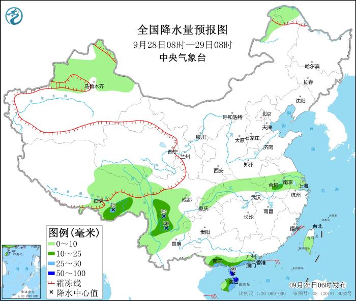 全國降水量預(yù)報圖(9月28日08時-29日08時)