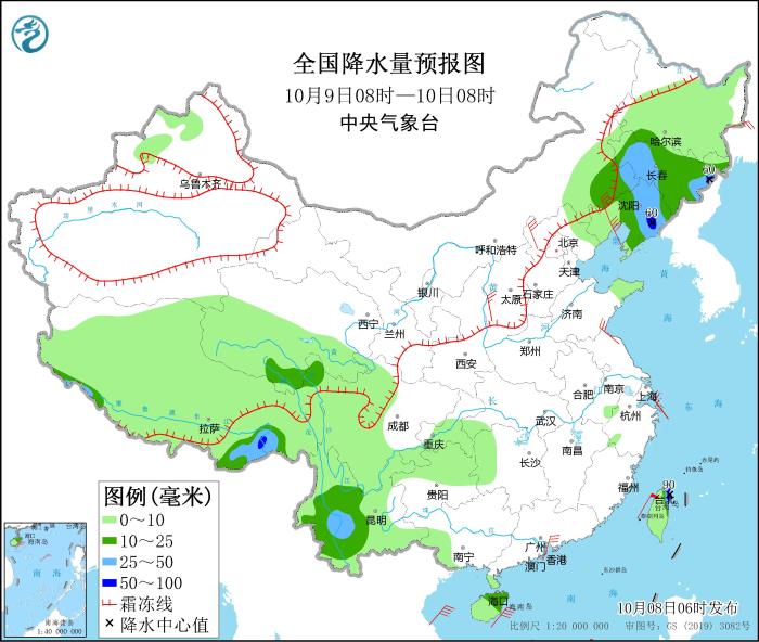 全國降水量預(yù)報圖(10月9日08時-10日08時)