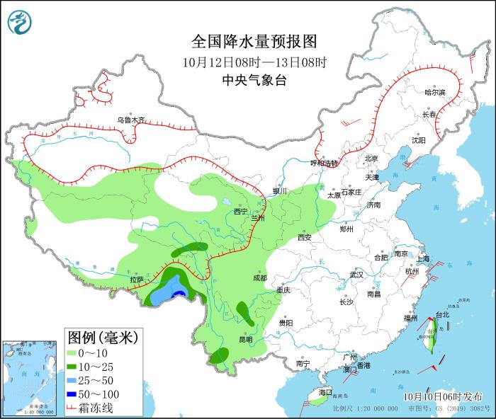 全國降水量預報圖(10月12日08時-13日08時)