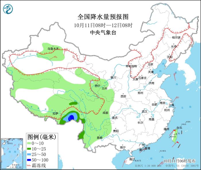 全國降水量預(yù)報(bào)圖(10月11日08時(shí)-12日08時(shí))