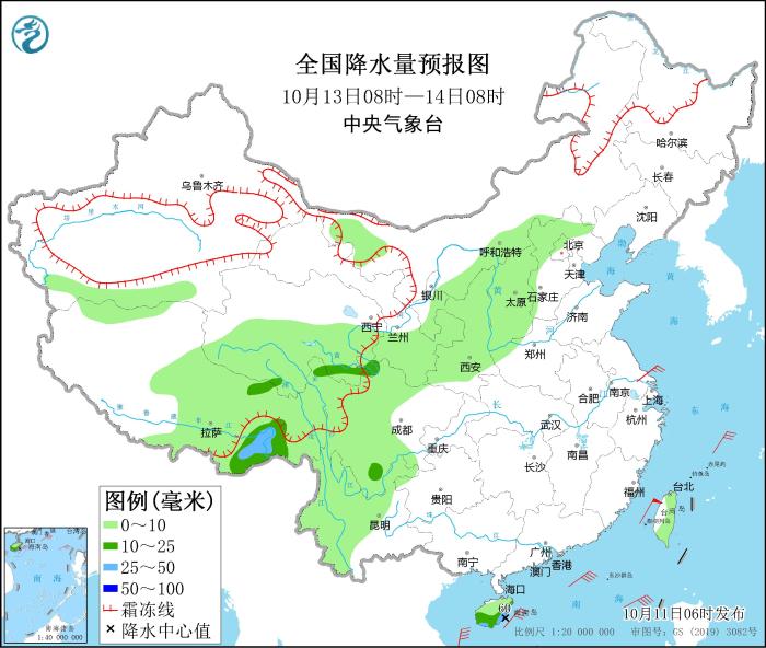 全國降水量預(yù)報(bào)圖(10月13日08時(shí)-14日08時(shí))