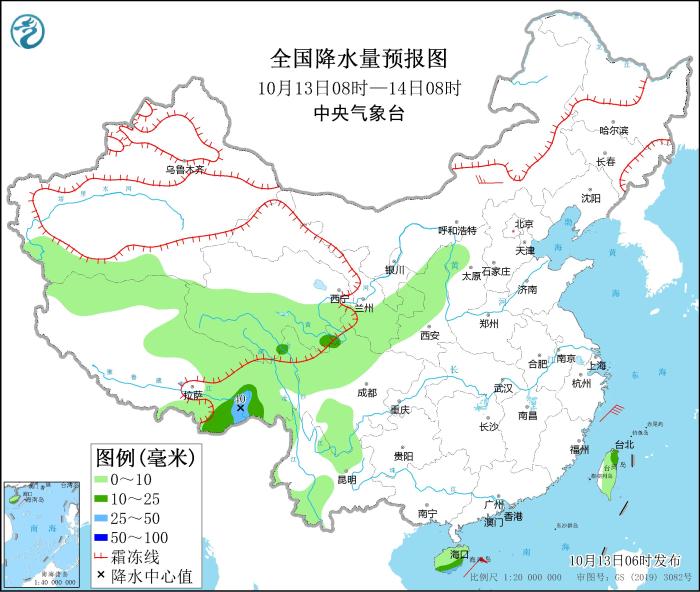 全國降水量預(yù)報圖(10月13日08時-14日08時)