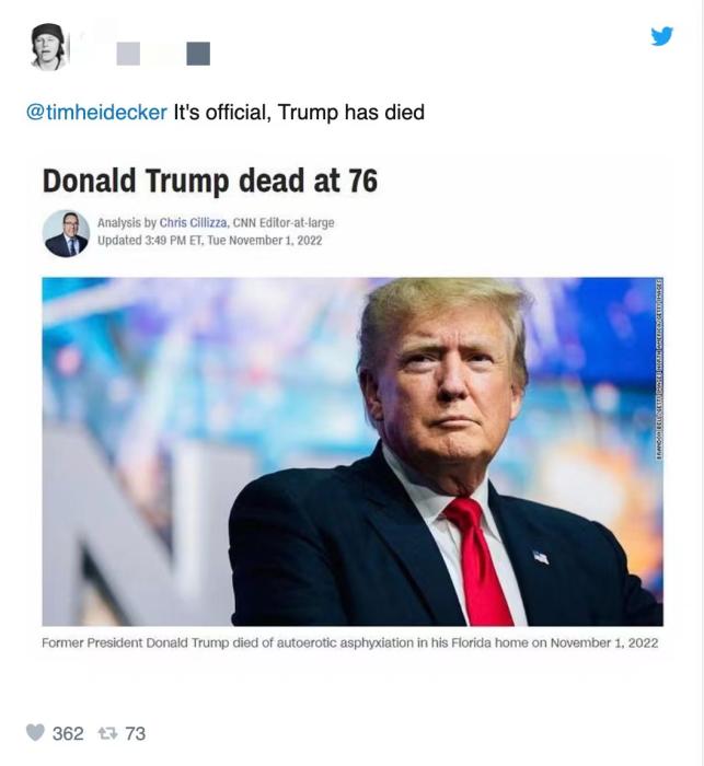 推特網(wǎng)友制作的“特朗普死了”CNN假報道截圖。