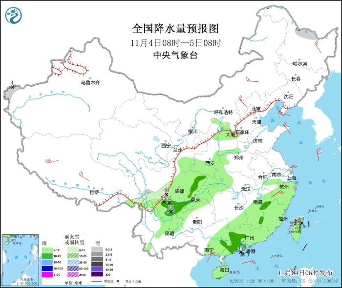 全國(guó)降水量預(yù)報(bào)圖(11月4日08時(shí)-5日08時(shí))