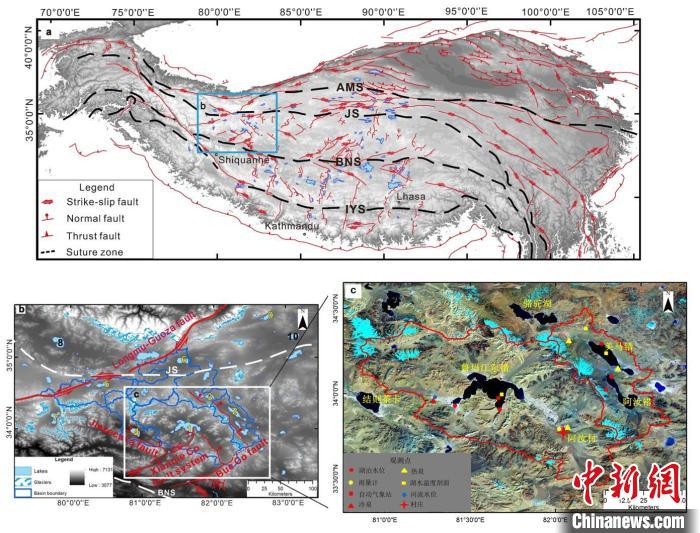 青藏高原研究區(qū)域地質(zhì)構(gòu)造圖和湖泊水量平衡觀測點位置?！≈锌圃呵嗖馗咴?供圖