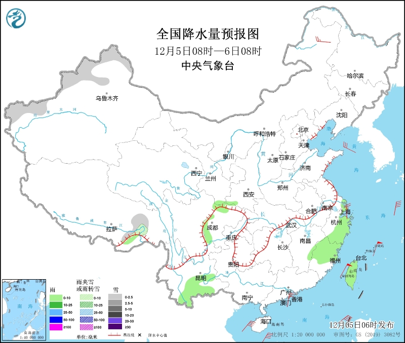 　　全國降水量預(yù)報圖(12月5日08時-6日08時)