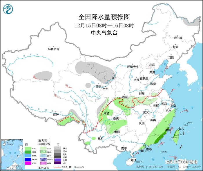 圖5 全國(guó)降水量預(yù)報(bào)圖（12月15日08時(shí)-16日08時(shí)）