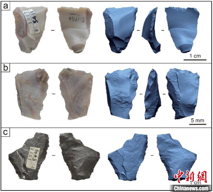 薩拉烏蘇石器底部減薄和修鋌工具的照片與3D模型?！钍?供圖