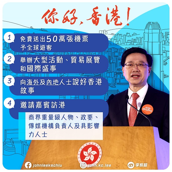 香港特區(qū)行政長官李家超宣布將免費派發(fā)50萬張機票給來自各地的旅客。（圖源：李家超社交媒體）