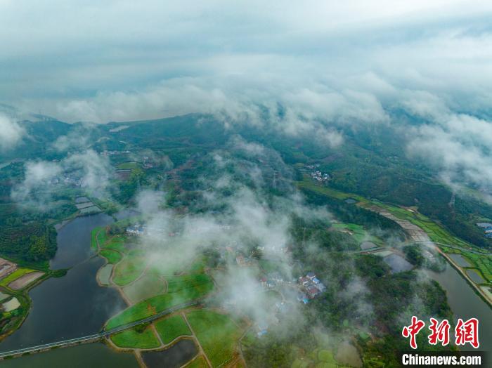 航拍江西雨后云霧繚繞蒼翠掩映綠意盎然