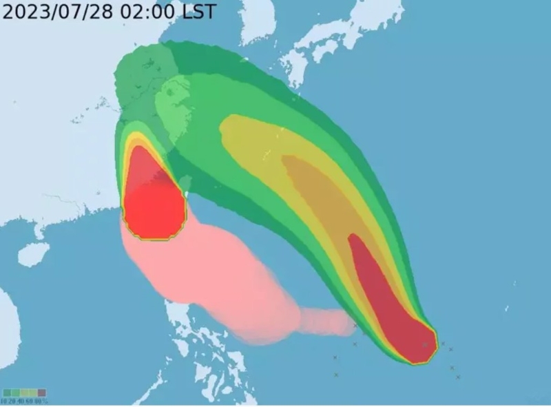 目前太平洋地區(qū)有兩個臺風(fēng)，分別為中臺“杜蘇芮”(左)和輕臺“卡努”(右)。圖為暴風(fēng)圈侵襲機率。(圖取自臺氣象部門網(wǎng)頁) 圖片來源：臺灣“中時新聞網(wǎng)”