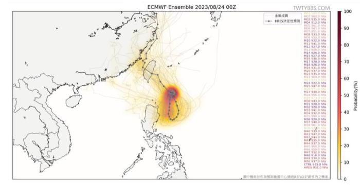 臺灣臺風(fēng)論壇分享歐洲模式預(yù)報圖，臺風(fēng)“蘇拉”未來路徑可能穿越臺灣