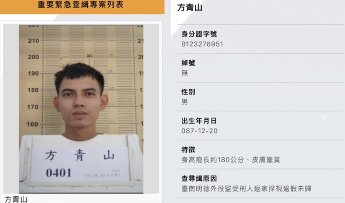 臺(tái)南明德外役監(jiān)受刑人逾假未歸