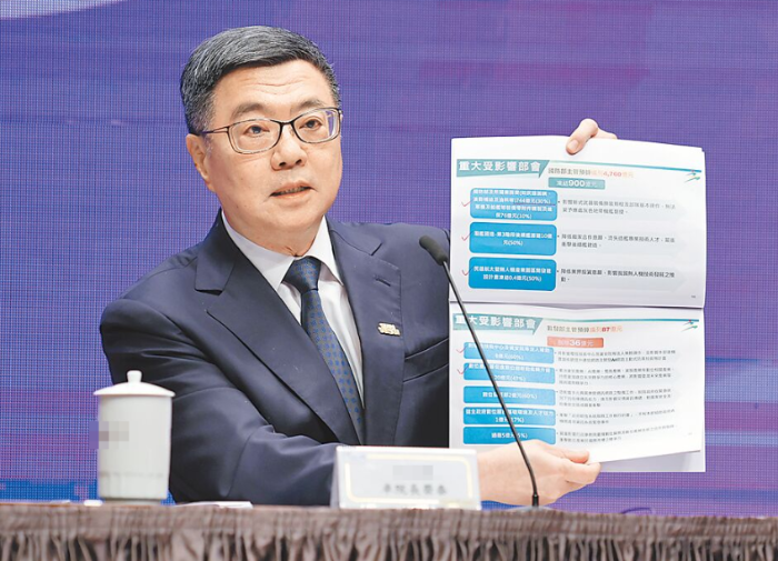 圖為臺當局行政機構負責人卓榮泰23日舉行“2025年度臺當局總預算相關說明”記者會